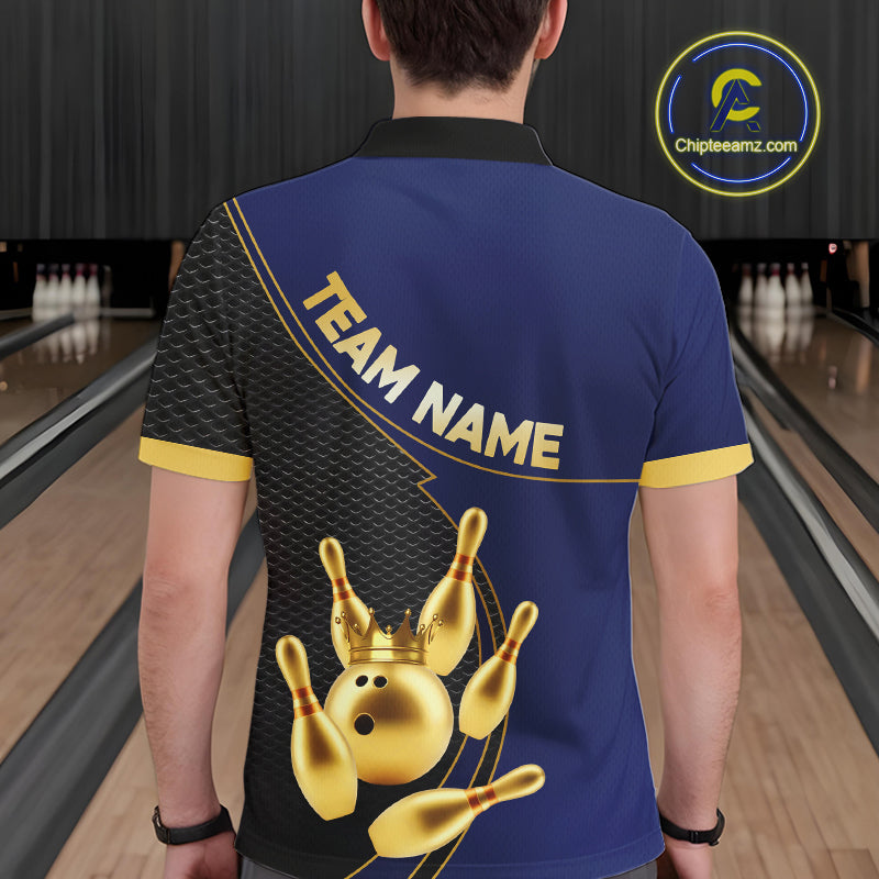 Blue and Gold Bowling shirts for men Custom Team Bowling Polo, 1/4 zip Shirt bowlers Outfit NQS10986