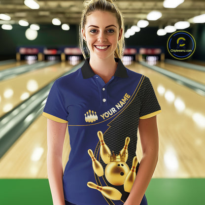Blue and Gold Bowling shirts for Women Custom Team Bowling Polo, 1/4 zip Shirt bowlers Outfit NQS10986