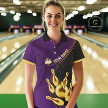 Load image into Gallery viewer, Purple and Gold Bowling shirts for Women Custom Team Bowling Polo, 1/4 zip Shirt bowlers Outfit NQS10987