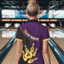 Load image into Gallery viewer, Purple and Gold Bowling shirts for Women Custom Team Bowling Polo, 1/4 zip Shirt bowlers Outfit NQS10987