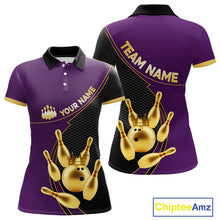 Load image into Gallery viewer, Purple and Gold Bowling shirts for Women Custom Team Bowling Polo, 1/4 zip Shirt bowlers Outfit NQS10987