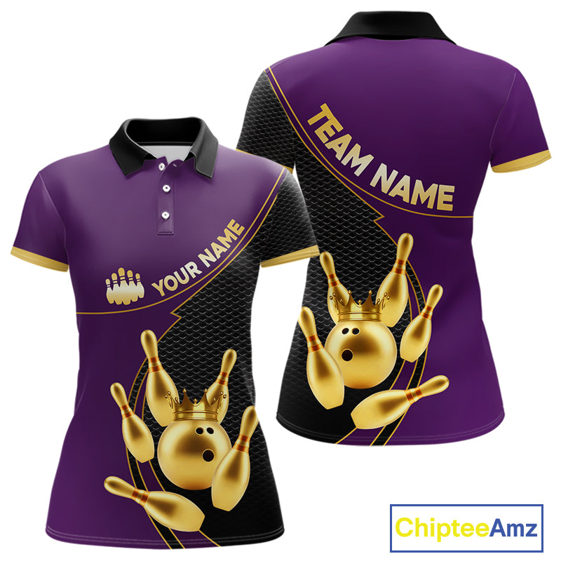 Purple and Gold Bowling shirts for Women Custom Team Bowling Polo, 1/4 zip Shirt bowlers Outfit NQS10987