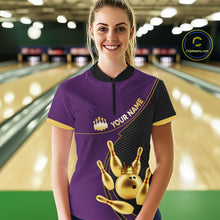 Load image into Gallery viewer, Purple and Gold Bowling shirts for Women Custom Team Bowling Polo, 1/4 zip Shirt bowlers Outfit NQS10987