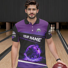 Load image into Gallery viewer, Black and Purple Lighting Flame Mens Bowling Polo, Quarter Zip Shirt Custom Team bowling jerseys NQS9320