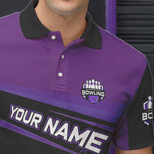 Load image into Gallery viewer, Black and Purple Lighting Flame Mens Bowling Polo, Quarter Zip Shirt Custom Team bowling jerseys NQS9320