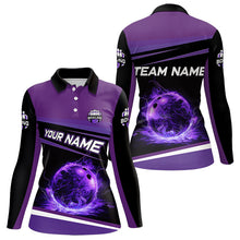 Load image into Gallery viewer, Black and Purple Lighting Flame Women Bowling Polo, Quarter Zip Shirt Custom Team bowling jerseys NQS9320