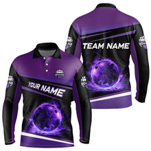 Load image into Gallery viewer, Black and Purple Lighting Flame Mens Bowling Polo, Quarter Zip Shirt Custom Team bowling jerseys NQS9320