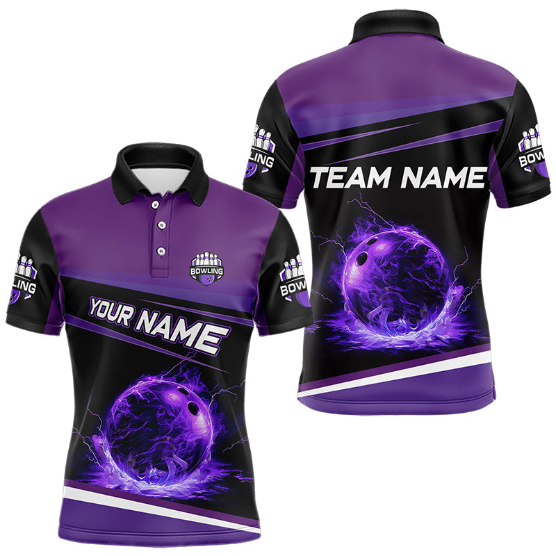 Black and Purple Lighting Flame Mens Bowling Polo, Quarter Zip Shirt Custom Team bowling jerseys NQS9320