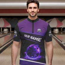 Load image into Gallery viewer, Black and Purple Lighting Flame Mens Bowling Polo, Quarter Zip Shirt Custom Team bowling jerseys NQS9320
