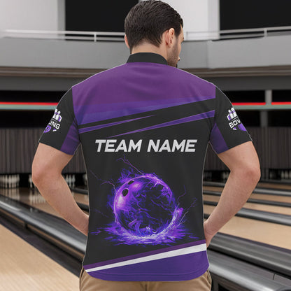 Black and Purple Lighting Flame Mens Bowling Polo, Quarter Zip Shirt Custom Team bowling jerseys NQS9320