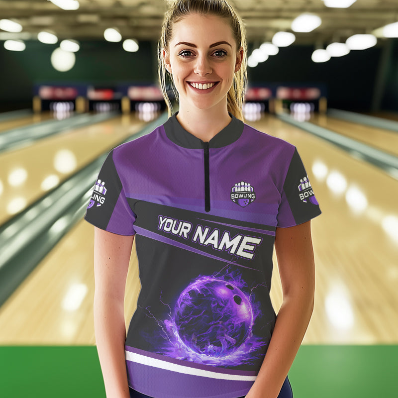 Black and Purple Lighting Flame Women Bowling Polo, Quarter Zip Shirt Custom Team bowling jerseys NQS9320