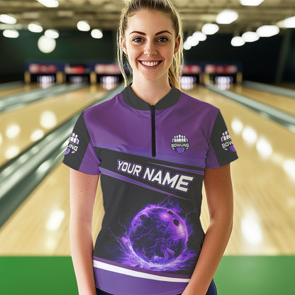 Black and Purple Lighting Flame Women Bowling Polo, Quarter Zip Shirt Custom Team bowling jerseys NQS9320