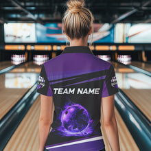 Load image into Gallery viewer, Black and Purple Lighting Flame Women Bowling Polo, Quarter Zip Shirt Custom Team bowling jerseys NQS9320