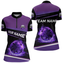 Load image into Gallery viewer, Black and Purple Lighting Flame Women Bowling Polo, Quarter Zip Shirt Custom Team bowling jerseys NQS9320