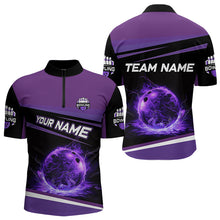 Load image into Gallery viewer, Black and Purple Lighting Flame Mens Bowling Polo, Quarter Zip Shirt Custom Team bowling jerseys NQS9320
