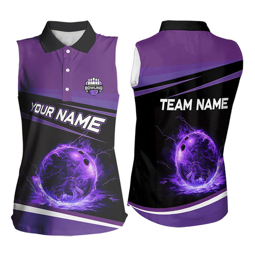 Black and Purple Lighting Flame Bowling Sleeveless Polo Shirt Custom Team bowling jerseys NQS9320