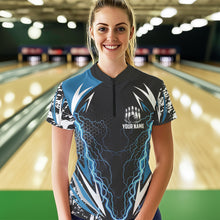Load image into Gallery viewer, Black and Blue Lighting thunder camo Women Bowling Polo, Quarter Zip Shirt Custom Team bowling jerseys NQS9321