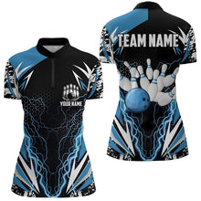 Load image into Gallery viewer, Black and Blue Lighting thunder camo Women Bowling Polo, Quarter Zip Shirt Custom Team bowling jerseys NQS9321
