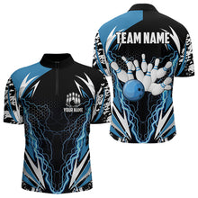 Load image into Gallery viewer, Black and Blue Lighting thunder camo Mens Bowling Polo, Quarter Zip Shirt Custom Team bowling jerseys NQS9321
