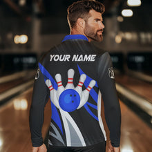 Load image into Gallery viewer, Black and Blue Bowling Polo, Quarter Zip Shirt for Men Custom Team bowling jerseys, Gift for bowlers NQS9322