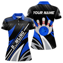 Load image into Gallery viewer, Black and Blue Bowling Polo, Quarter Zip Shirt for Women Custom Team bowling jerseys, Gift for bowlers NQS9322