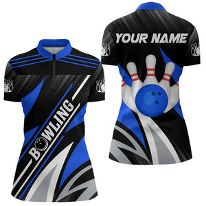 Black and Blue Bowling Polo, Quarter Zip Shirt for Women Custom Team bowling jerseys, Gift for bowlers NQS9322