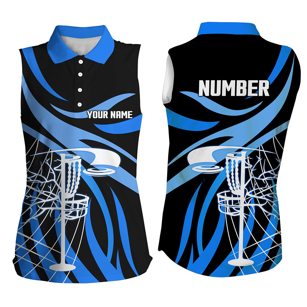 Women sleeveless golf polo shirt custom black and blue disc golf basket, personalized disc golf shirts NQS7244