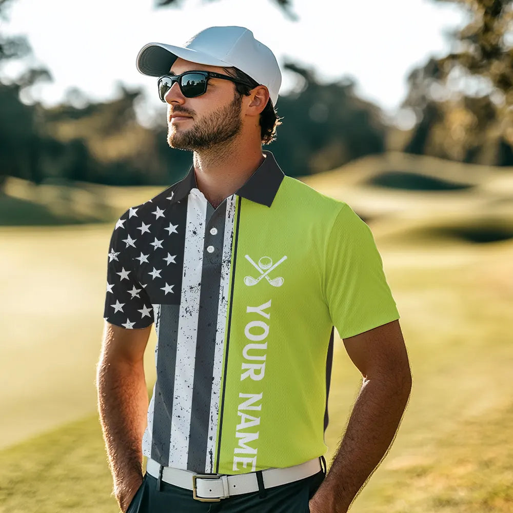 Black White Retro American Flag Golf Polo Shirt for Men Custom Patriotic Golf Team Shirt | Green NQS9637