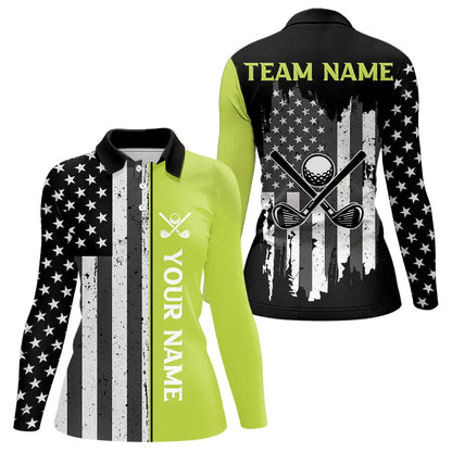 Black White Retro American Flag Golf Polo Shirt for Women Custom Patriotic Golf Team Shirt | Green NQS9637