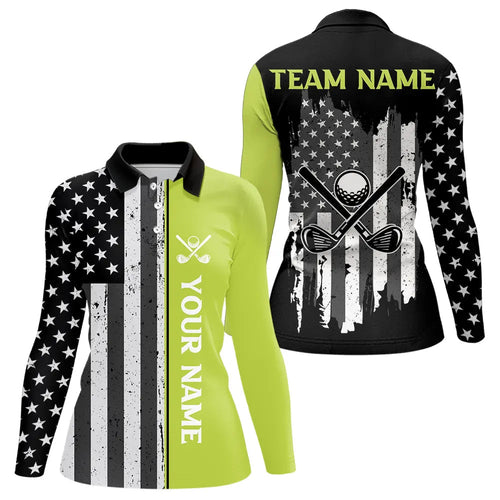 Black White Retro American Flag Golf Polo Shirt for Women Custom Patriotic Golf Team Shirt | Green NQS9637