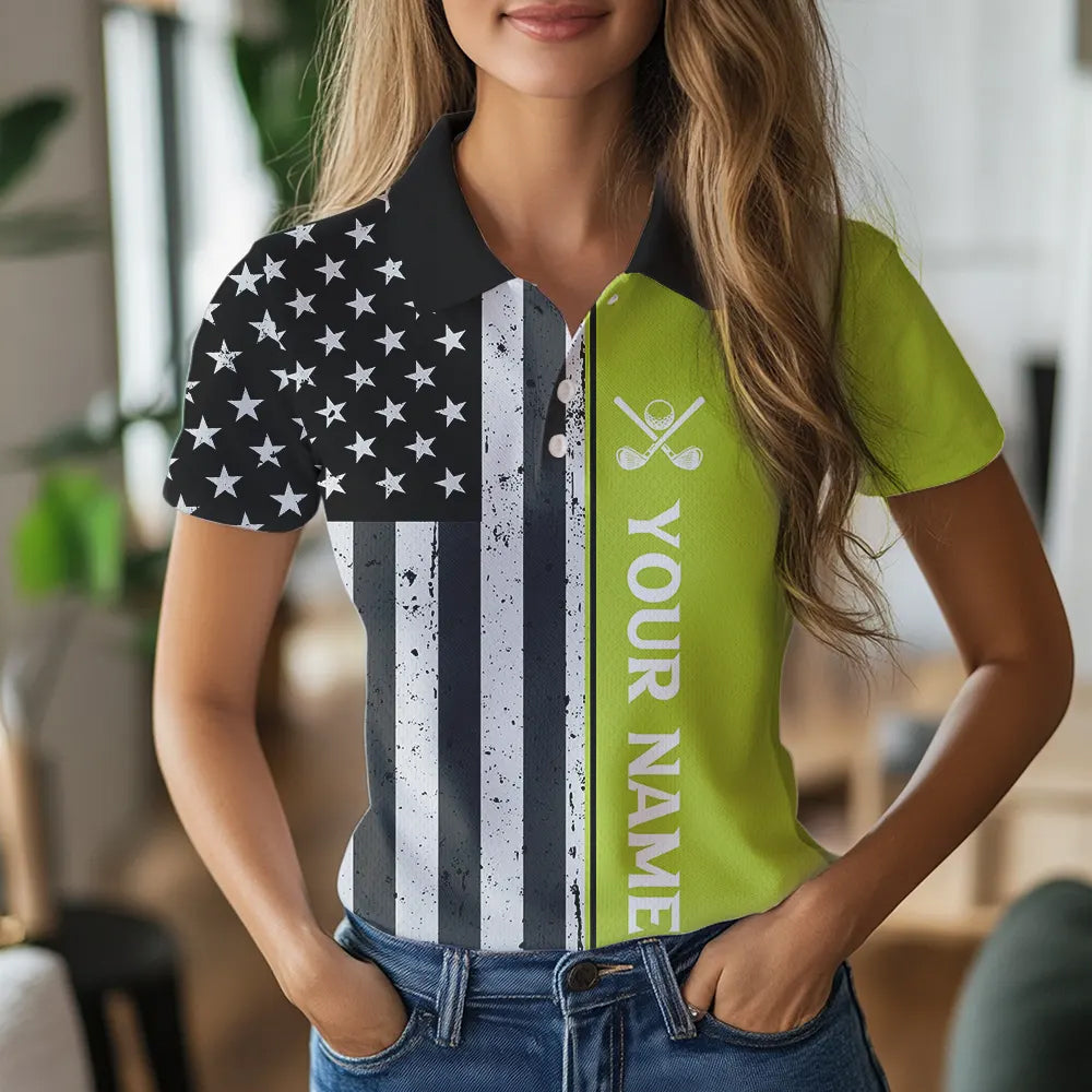 Black White Retro American Flag Golf Polo Shirt for Women Custom Patriotic Golf Team Shirt | Green NQS9637