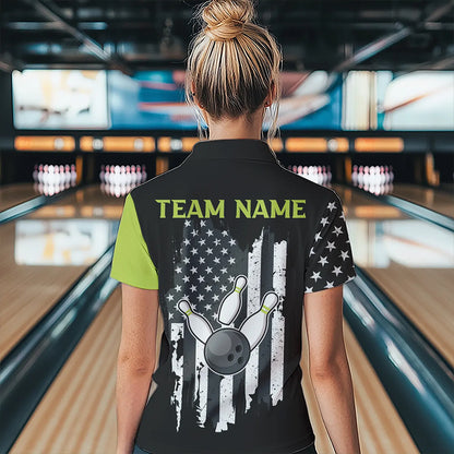 Black White Retro American Flag Bowling Shirts For Women Custom Patriotic Bowling Team Jersey | Green NQS9638