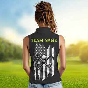 Black White Retro American Flag Women Sleeveless Polo Shirt Custom Patriotic Golf Team Shirt | Green NQS9637