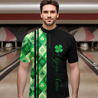 Black and Green Argyle Clover pattern Men Bowling Shirts Custom St patrick Day Bowling Team Jersey NQS9639