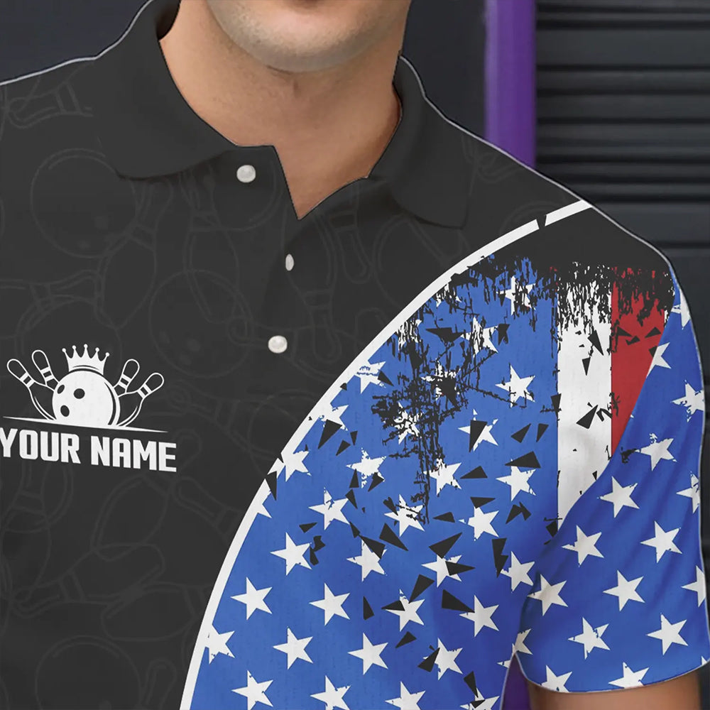 Black Camo Bowling Polo, 1/4 Zip Shirts For Men Custom American Flag Patriotic Bowling Team Jersey NQS9640