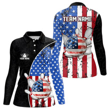 Load image into Gallery viewer, Black Camo Bowling Polo, 1/4 Zip Shirts For Women Custom American Flag Patriotic Bowling Team Jersey NQS9640