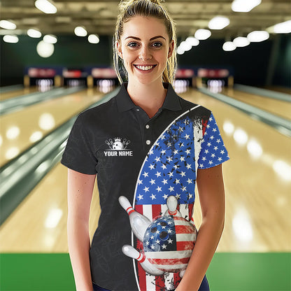 Black Camo Bowling Polo, 1/4 Zip Shirts For Women Custom American Flag Patriotic Bowling Team Jersey NQS9640