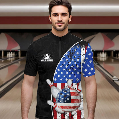 Black Camo Bowling Polo, 1/4 Zip Shirts For Men Custom American Flag Patriotic Bowling Team Jersey NQS9640