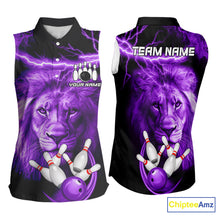 Load image into Gallery viewer, Personalized Purple Lightning Thunder Lion Bowling Sleeveless Polo Shirt Custom Bowling Team Jersey NQS9839
