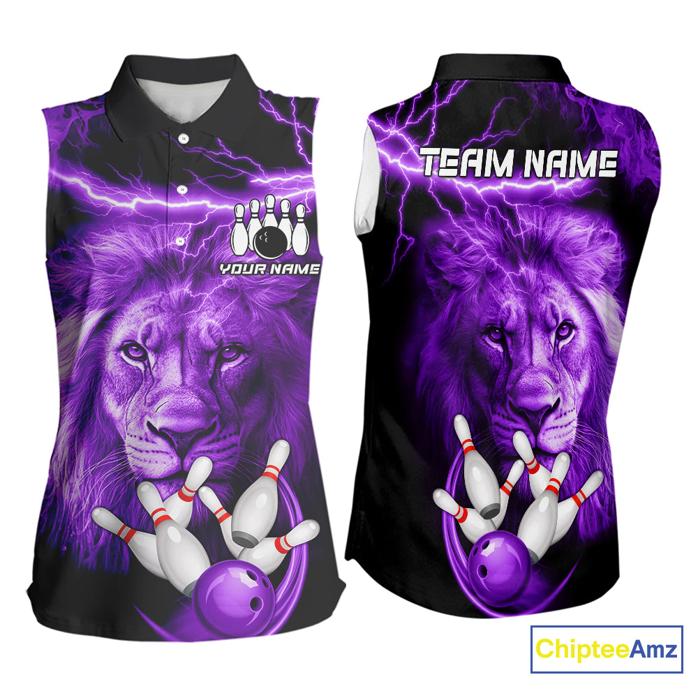 Personalized Purple Lightning Thunder Lion Bowling Sleeveless Polo Shirt Custom Bowling Team Jersey NQS9839