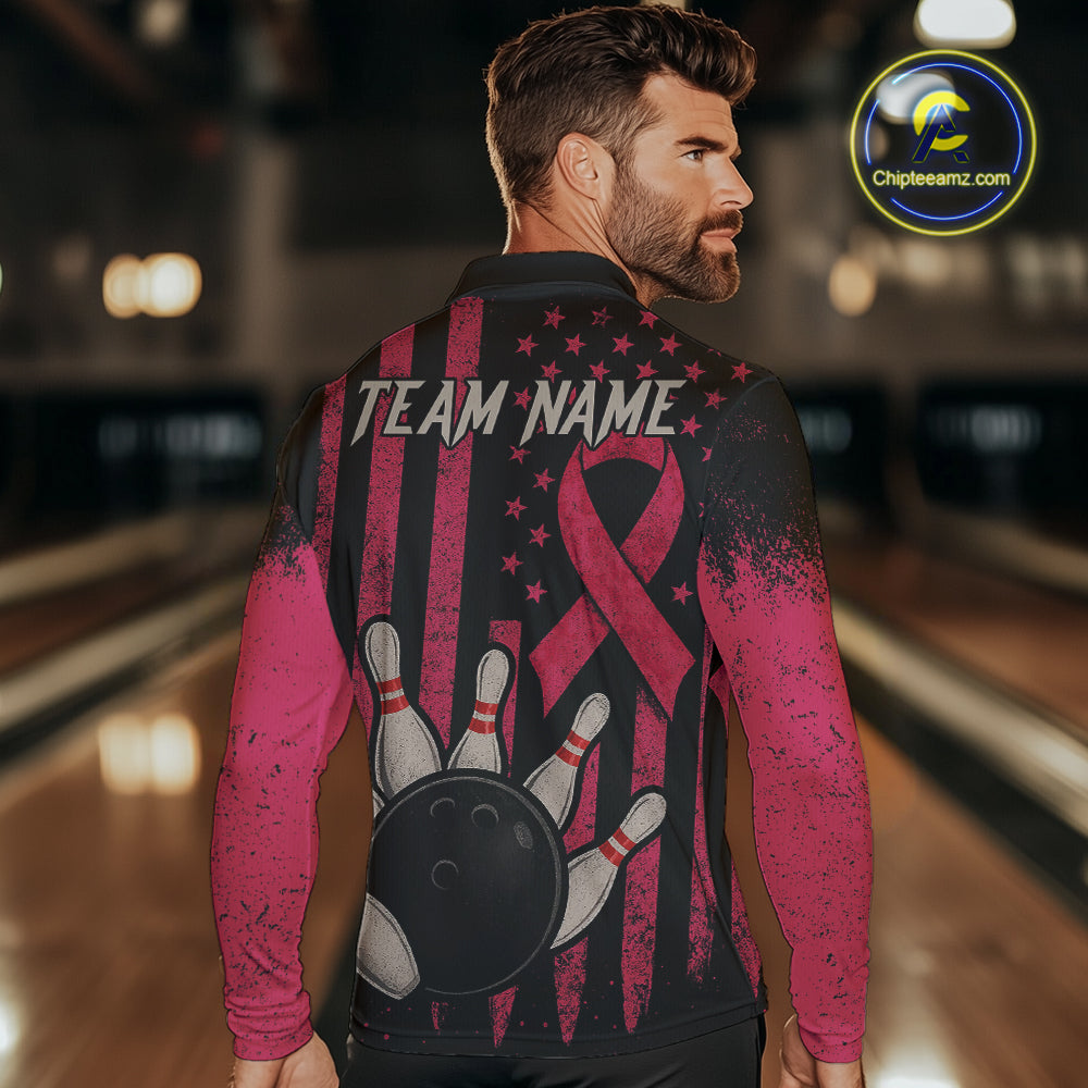Black and Pink ribbon American Flag Breast Cancer Bowling Shirts For Men Custom Bowling Team Jerseys NQS9841