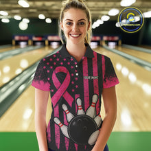 Load image into Gallery viewer, Black and Pink ribbon American Flag Breast Cancer Bowling Shirts For Women Custom Bowling Team Jerseys NQS9841