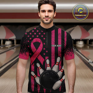 Black and Pink ribbon American Flag Breast Cancer Bowling Shirts For Men Custom Bowling Team Jerseys NQS9841