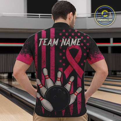 Black and Pink ribbon American Flag Breast Cancer Bowling Shirts For Men Custom Bowling Team Jerseys NQS9841