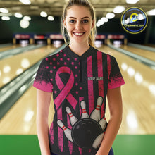 Load image into Gallery viewer, Black and Pink ribbon American Flag Breast Cancer Bowling Shirts For Women Custom Bowling Team Jerseys NQS9841