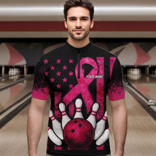 Load image into Gallery viewer, Breast Cancer Bowling Shirts For Men Custom Black and Pink ribbon American Flag Bowling Team Jerseys NQS9842