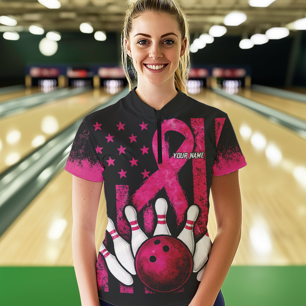 Breast Cancer Bowling Shirts For Women Custom Black and Pink ribbon American Flag Bowling Team Jerseys NQS9842