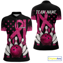 Load image into Gallery viewer, Breast Cancer Bowling Shirts For Women Custom Black and Pink ribbon American Flag Bowling Team Jerseys NQS9842