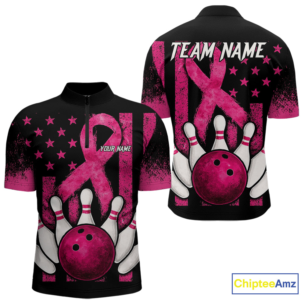 Breast Cancer Bowling Shirts For Men Custom Black and Pink ribbon American Flag Bowling Team Jerseys NQS9842