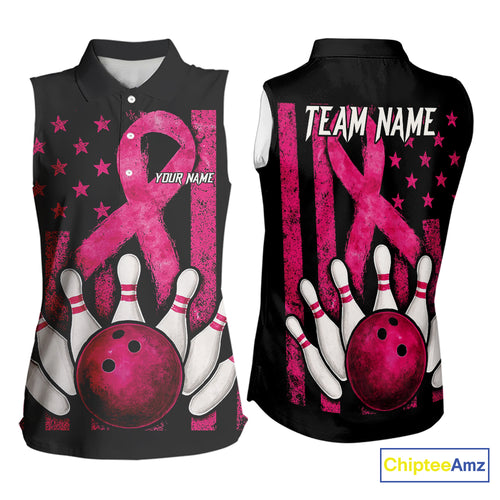 Breast Cancer Bowling Sleeveless Polo Shirt Custom Black and Pink ribbon American Flag Team Jersey NQS9842